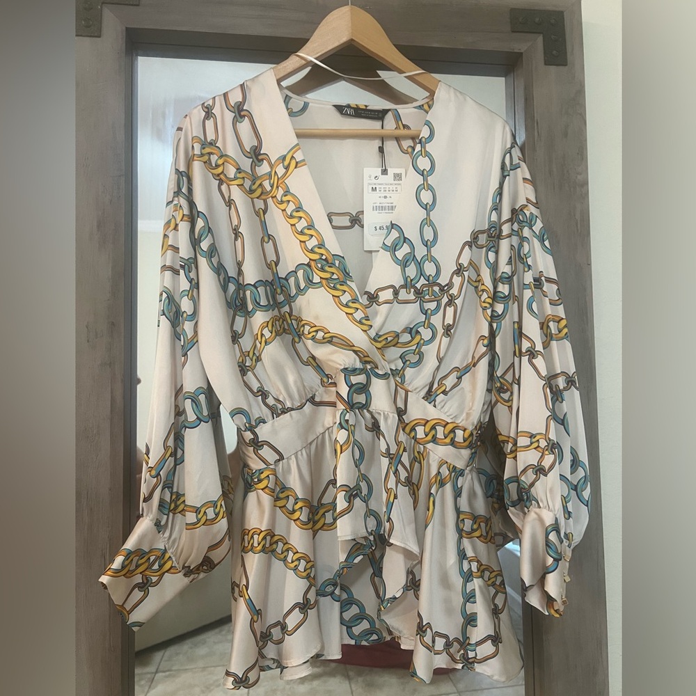 NWT Zara Multicolor Chain Print Wrap Blouse